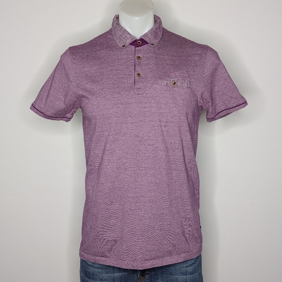 Ted Baker London Purple White Short Sleeve Button Up Cotton Polo Shirt 4/L - Picture 1 of 9